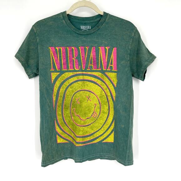 Officially Licensed Nirvana Smiley Face Tee Green Acid Wash Small - Picture 1 of 6